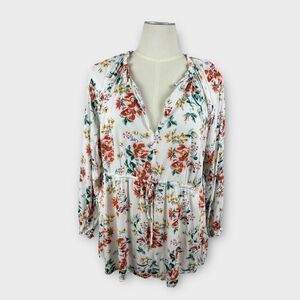 Torrid White Floral Blouse Tunic Drawstring Waist Soft Rayon Top Size 3X